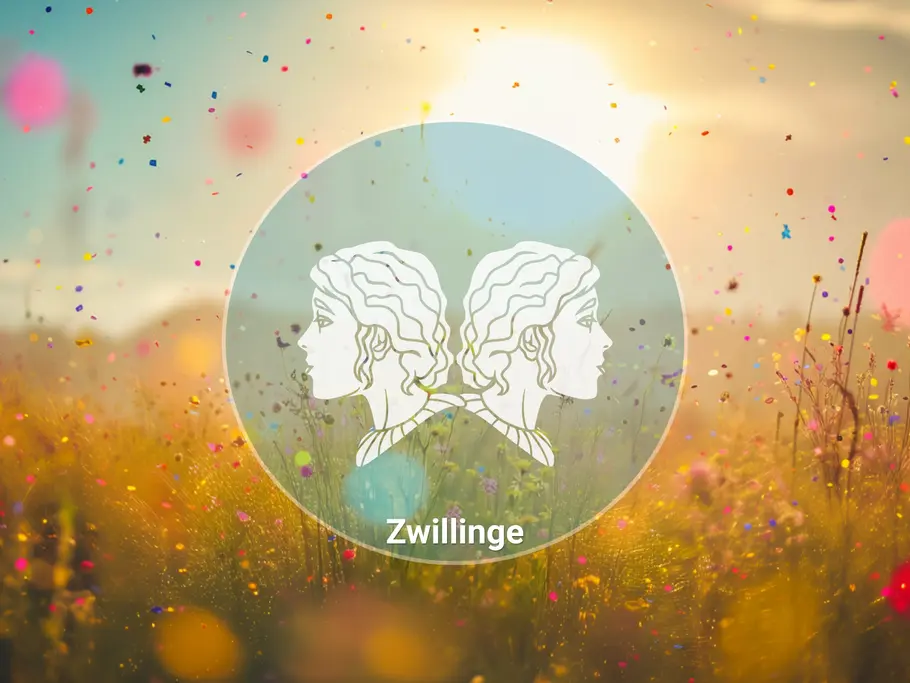 Das Symbol der Zwillinge im Profil und der Schriftzug „Zwillinge“ stehen in einem Kreis vor einer sonnigen Wiese mit buntem Konfetti.