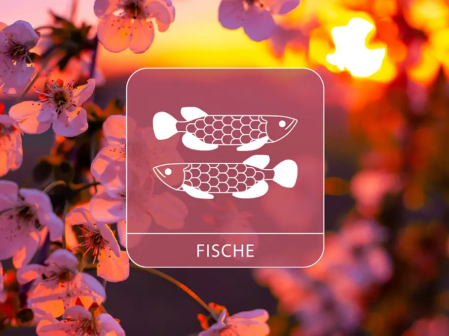 Das Sternzeichen Fische vor einem blühenden Apfelbaum im Sonnenuntergang