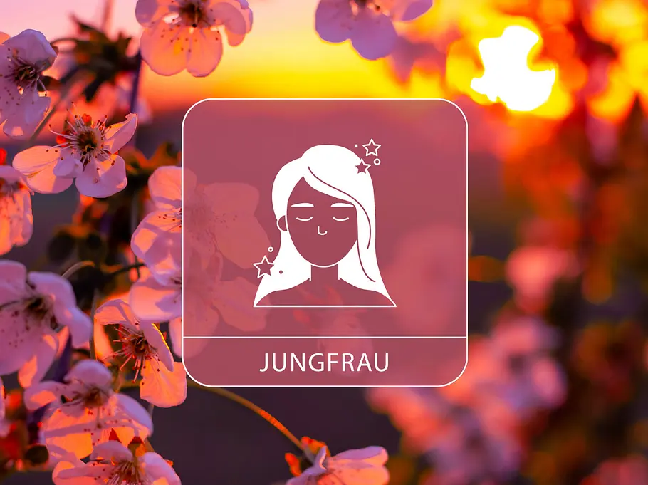 Das Sternzeichen Jungfrau vor einem blühenden Apfelbaum im Sonnenuntergang