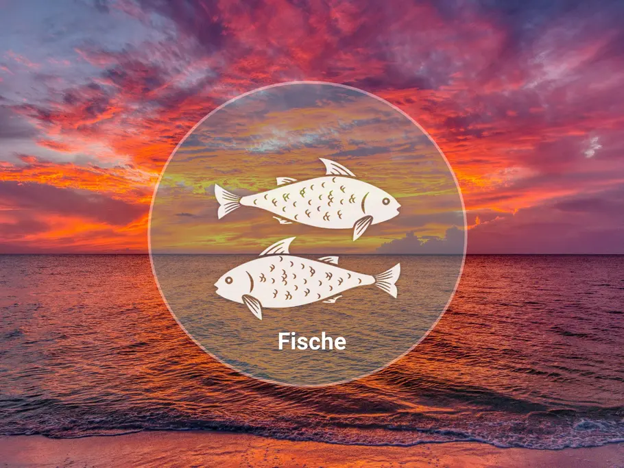 Das Sternzeichen Fsiche und der Schriftzug „Fische“ stehen in einem Kreis vor einem rotvioletten Sonnenuntergang am Meer.