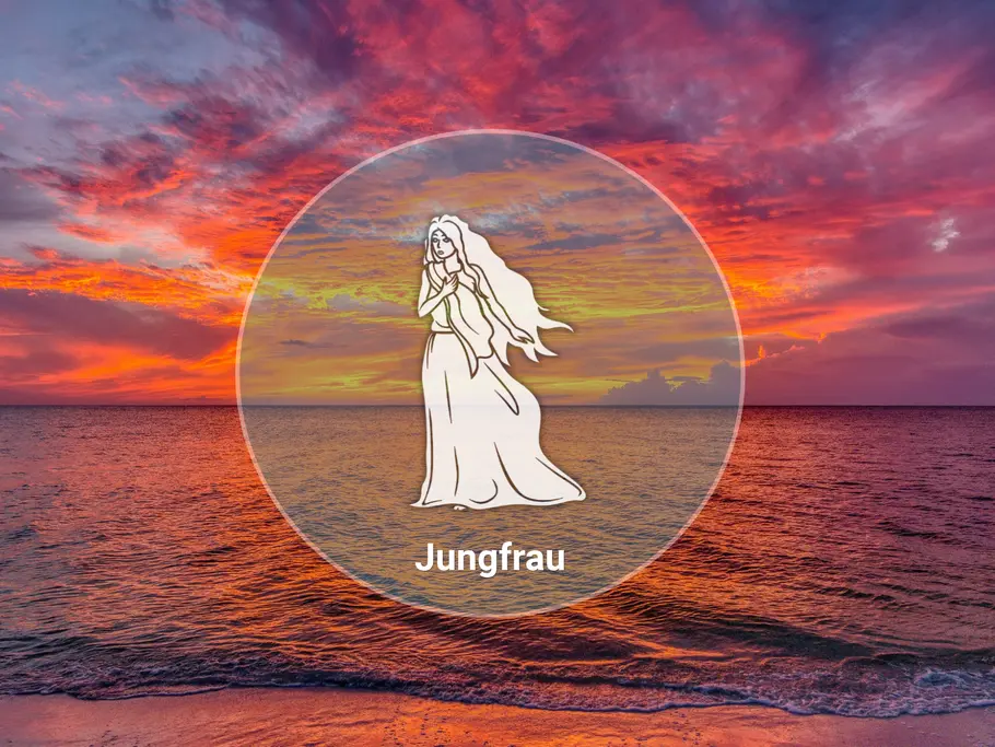 Das Sternzeichen Jungfrau als Frauenfigur, mit dem Schriftzug Jungfrau, steht in einem Kreis vor einem rot leuchtenden Sonnenuntergang am Meer.