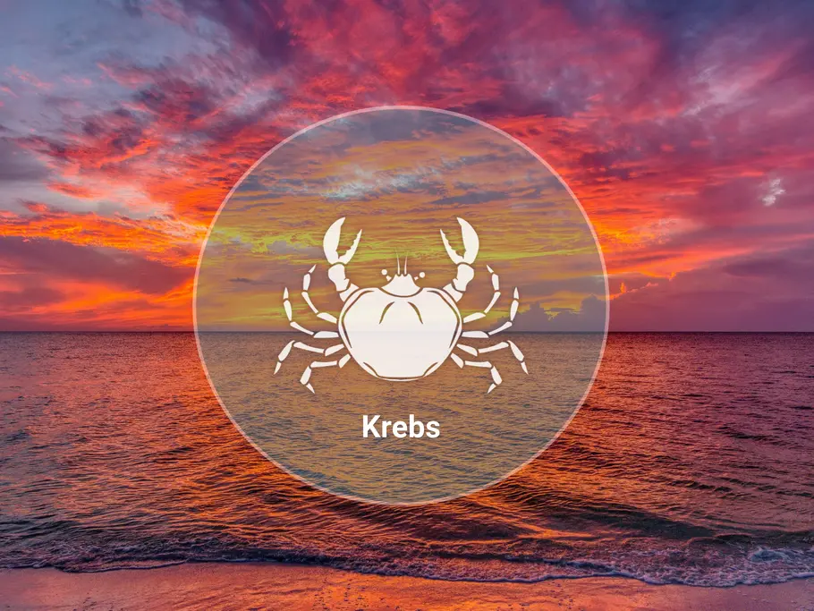 Ein weißes Krebssymbol mit der Aufschrift „Krebs“ steht in einem Kreis vor einem rot-orangefarbenen Sonnenuntergang am Meer.