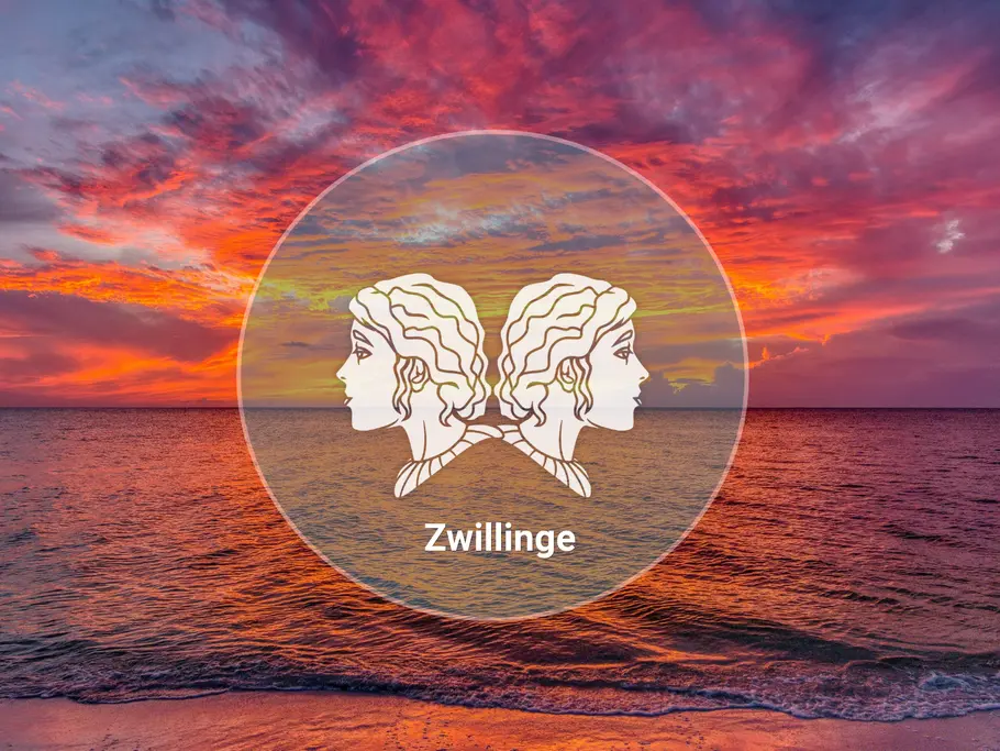 Das Sternzeichen Zwillinge und der Schriftzug „Zwillinge“ stehen in einem Kreis vor einem rotvioletten Sonnenuntergang am Meer.