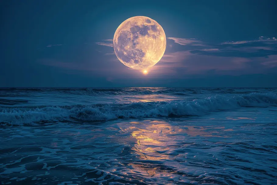 Mond-Mantra vom 21. bis 27. April 2025 Vollmond steht am Himmel über dem Meer