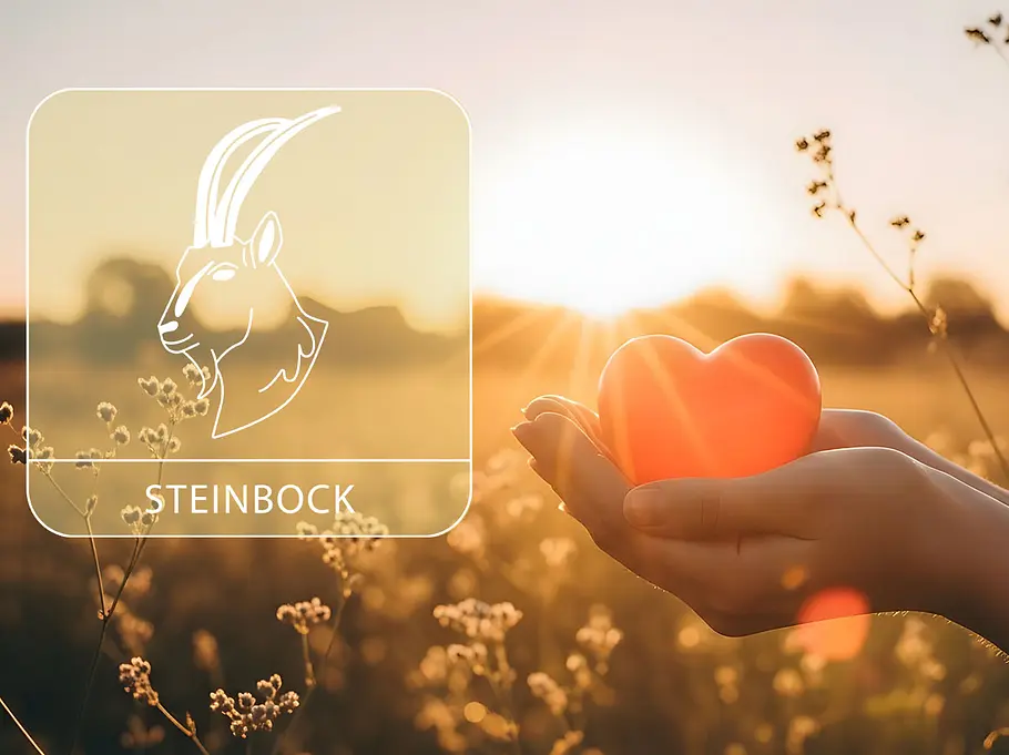 Sternzeichen Steinbock neben einer Hand, die ein rotes Herz vor einem Feld im Sommer hält