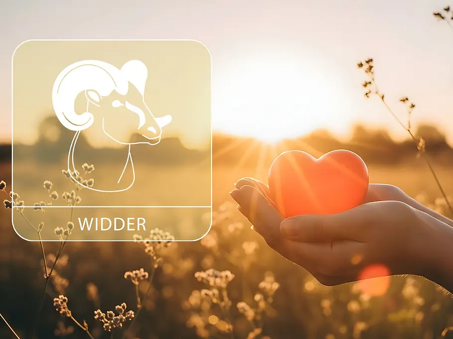 Sternzeichen Widder neben einer Hand, die ein rotes Herz vor einem Feld im Sommer hält