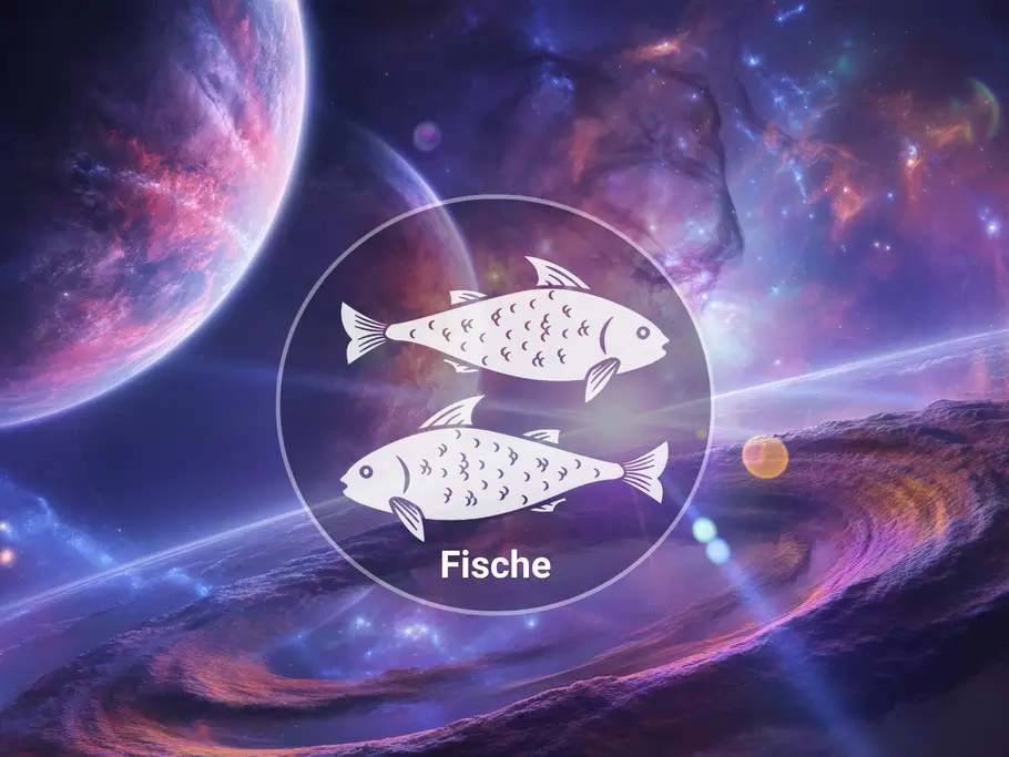 Zwei weiße Fische und der Schriftzug „Fische“ stehen in einem Kreis vor einer violett-blauen Weltraumkulisse mit Planeten.
