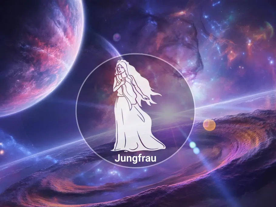 Eine weiße Frauenfigur im Kreis mit der Aufschrift „Jungfrau“ steht vor violett-blauen Planeten und leuchtenden Weltraumnebeln.