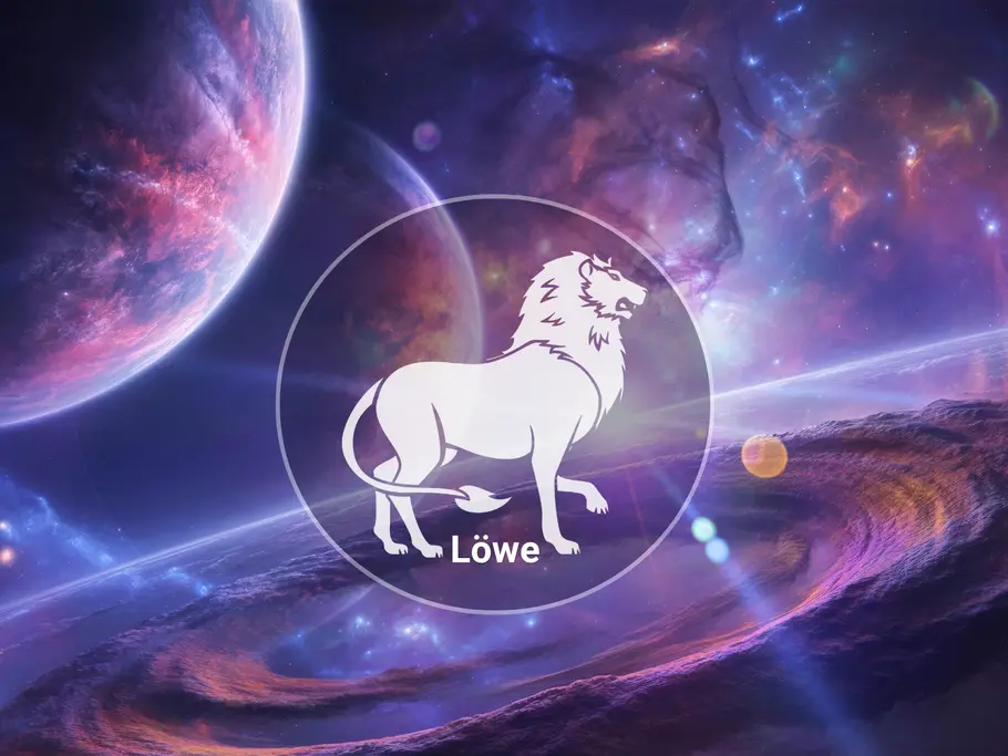 Ein weißer Löwe steht in einem Kreis mit der Aufschrift „Löwe“ vor einer violett-blauen Weltraumkulisse mit Planeten.