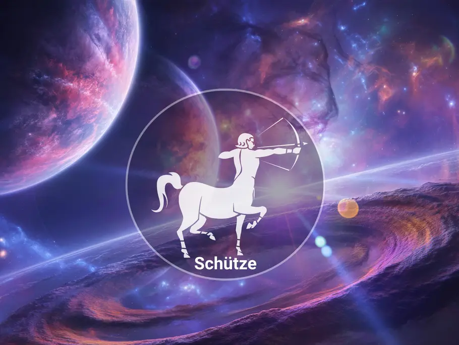 Das weiße Sternzeichen Schütze mit Bogen und Schriftzug steht in einem Kreis vor einer violett-blauen Weltraumlandschaft.