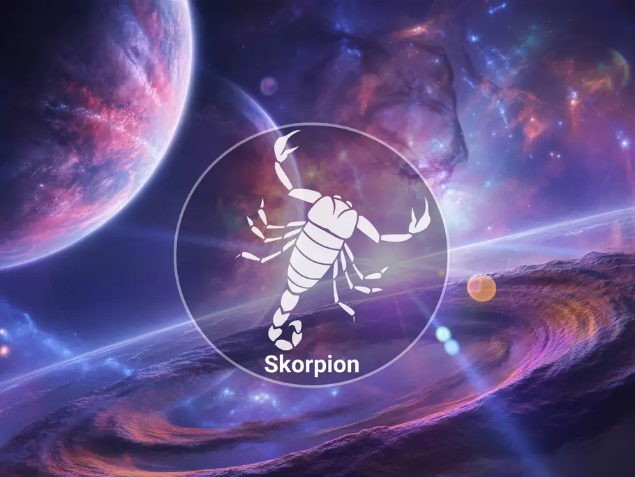 Ein weißer Skorpion im Kreis mit der Aufschrift „Skorpion“ steht vor einer violett-blauen Weltraumkulisse mit Planeten.