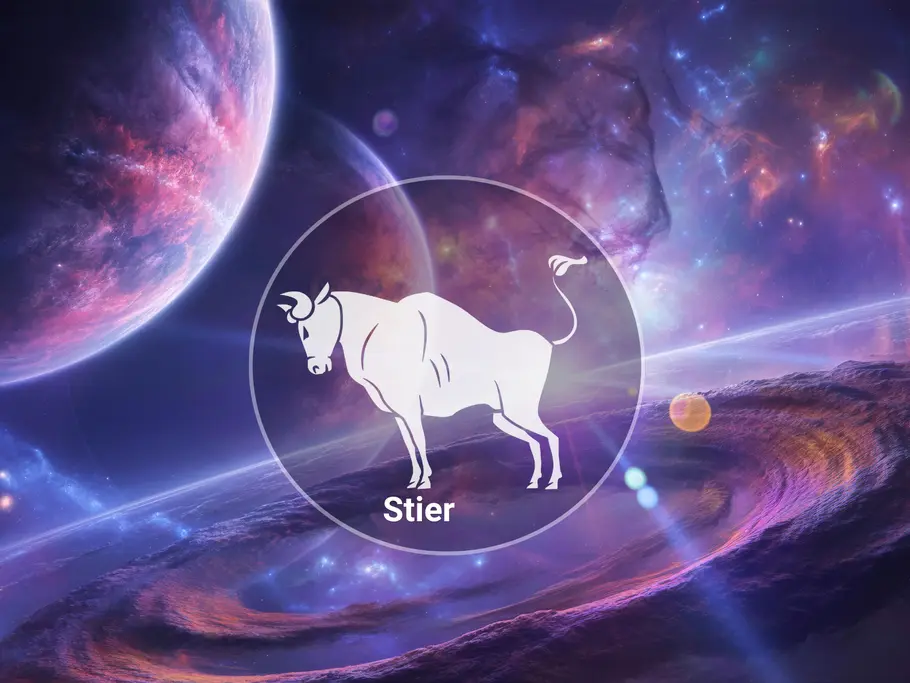 Ein weißer Stier mit der Aufschrift „Stier“ steht in einem Kreis vor einer violett-blauen Weltraumkulisse mit Planeten.