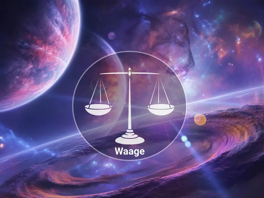 Ein weißes Waagesymbol mit der Aufschrift „Waage“ steht im Kreis vor einer violett-blauen Weltraumkulisse mit Planeten.