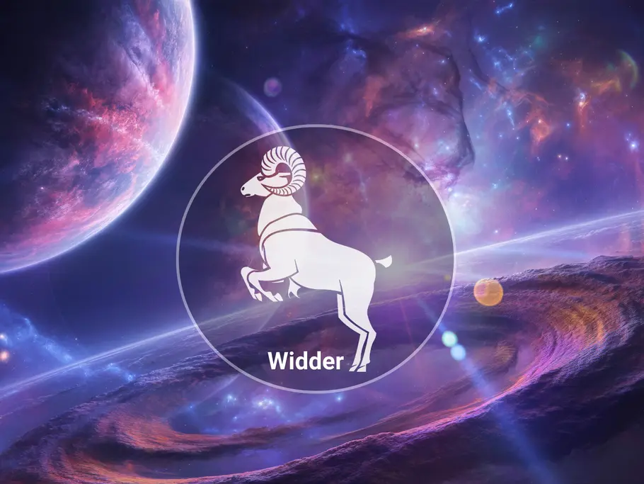 Ein weißer Widder steht im Kreis mit der Aufschrift „Widder“ vor einer violett-blauen Weltraumkulisse mit Planeten und Sternen.