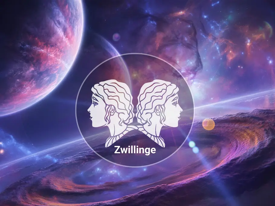 Das Zwillinge-Symbol im Kreis mit der Aufschrift „Zwillinge“ liegt vor einer violett-blauen Weltraumkulisse mit Planeten.