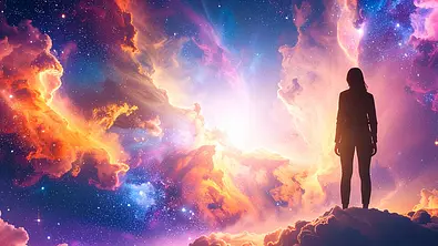 Frau steht auf einer Traumwolke in der Galaxie - Foto: AdobeFirefly (generiert mit KI)