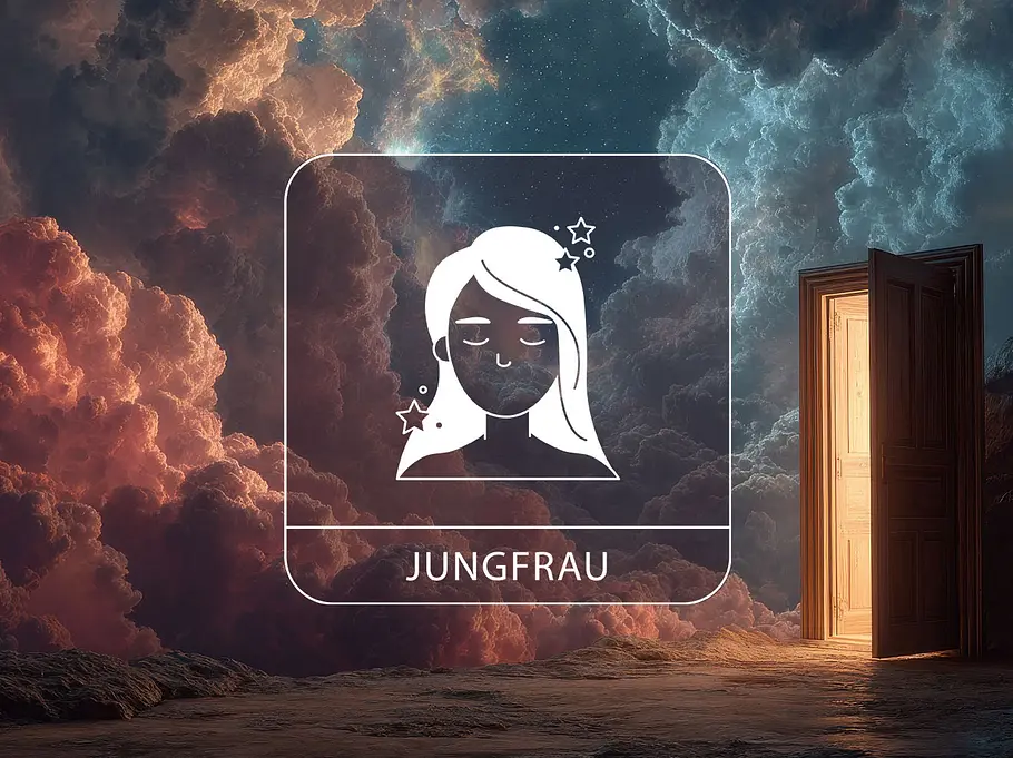 Sternzeichen Jungfrau vor einem träumerischen Hintergrund mit einer leuchtenden Tür