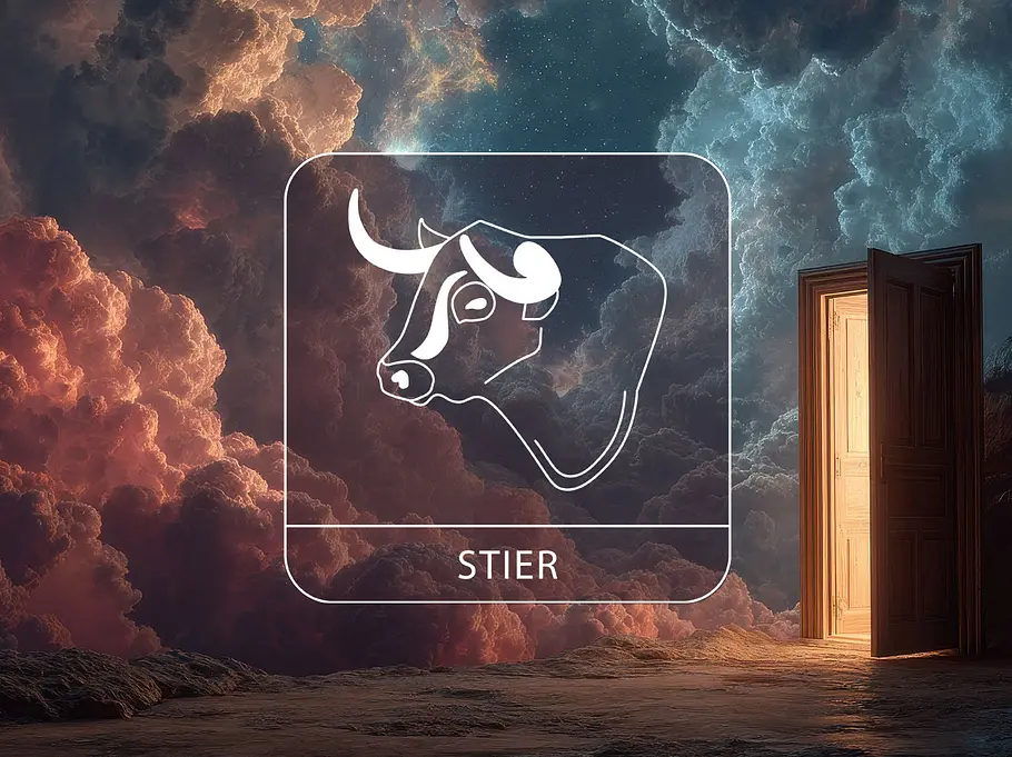 Sternzeichen Stier vor einem träumerischen Hintergrund mit einer leuchtenden Tür