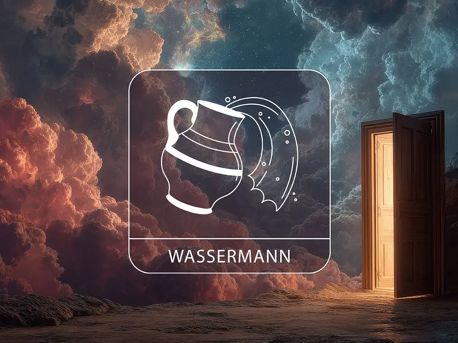 Sternzeichen Wassermann vor einem träumerischen Hintergrund mit einer leuchtenden Tür