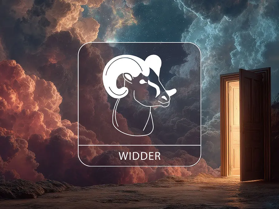 Sternzeichen Widder vor einem träumerischen Hintergrund mit einer leuchtenden Tür