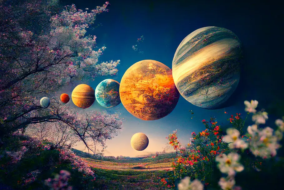 Illustration von Planeten über einer Frühlingswiese