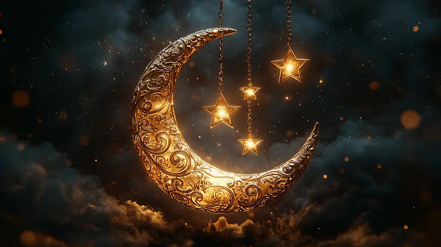 Leuchtende Ornamente in Form von Sternen und einem Neumond umgeben von dunklen Wolken