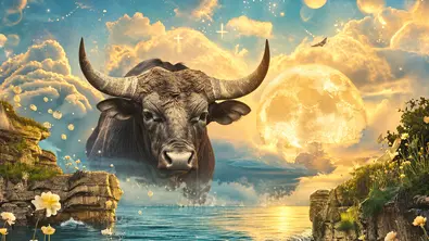 Ein Stier läuft über türkisblauem Wasser zwischen Blumen und Felsen, vor goldenen Wolken und einem leuchtendem Vollmond. - Foto: Hanna/AdobeStock und Astrowoche.de, KI generiert Ein Stier läuft über türkisblauem Wasser zwischen Blumen und Felsen, vor goldenen Wolken und einem leuchtendem Vollmond. - Foto: Hanna/AdobeStock und Astrowoche.de, KI generiert