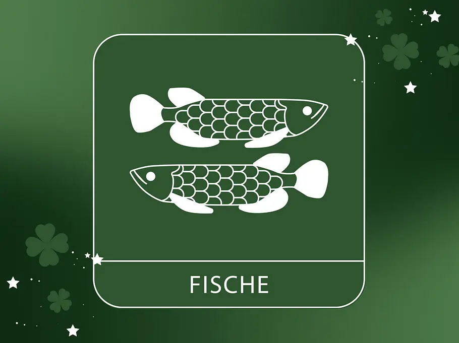 Abbildung vom Sternzeichen Fische vor einem grünen Hintergrund mit vierblättrigem Klee