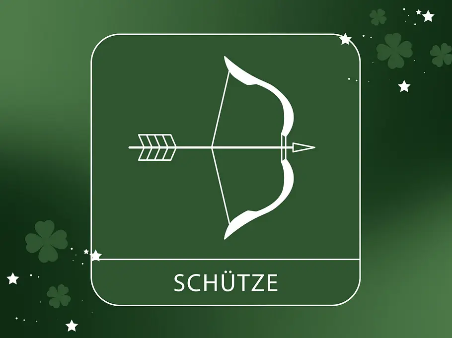 Abbildung vom Sternzeichen Schütze vor einem grünen Hintergrund mit vierblättrigem Klee