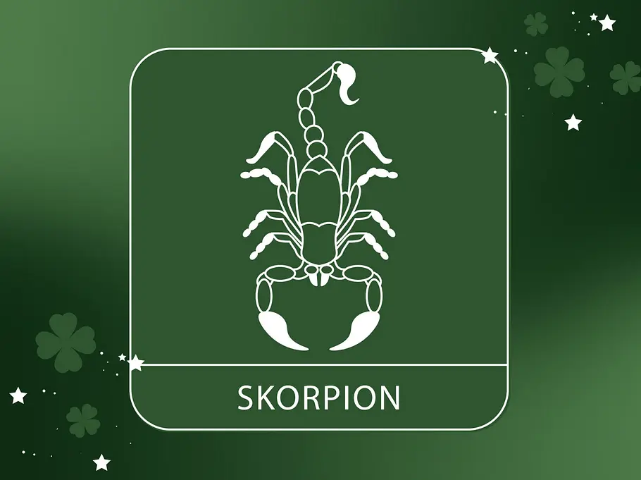 Abbildung vom Sternzeichen Skorpion vor einem grünen Hintergrund mit vierblättrigem Klee