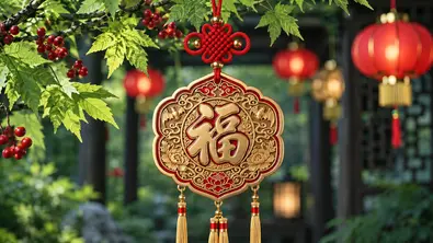 Ein rot-goldener Anhänger mit chinesischem Schriftzeichen hängt zwischen grünen Blättern und roten Beeren vor Laternen. - Foto: Yuliya/AdobeStock und Astrowoche.de, KI generiert