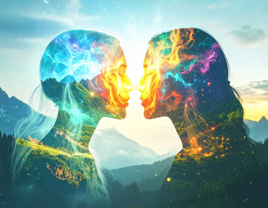 Dualseelen und Zwillingsflammen Die Silhouetten von zwei Frauen durchzogen von Lichtern Gesicht an Gesicht und mit einer Berglandschaft im Hintergrund