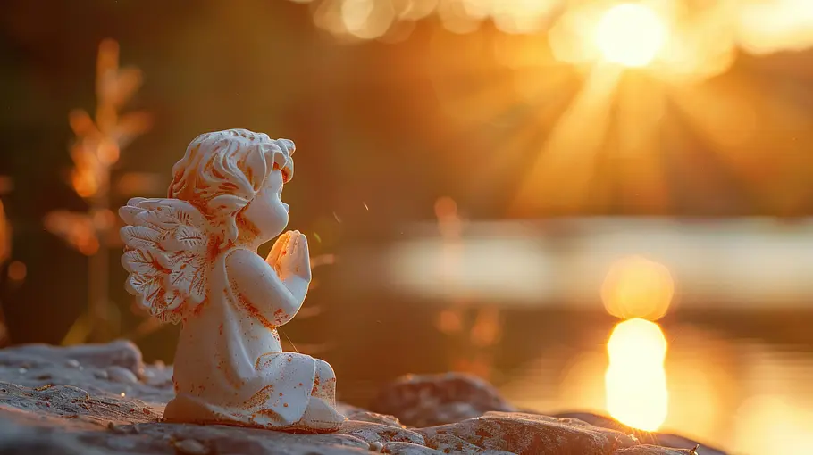 Kleine Engelfigur hockt an einem See in der Sonne
