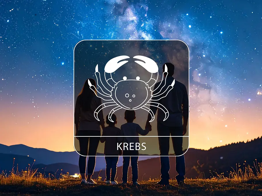 Sternzeichen Krebs vor einem Hintergrund mit einer Familie in einer Sommernacht