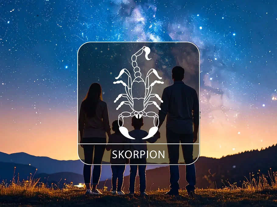Sternzeichen Skorpion vor einem Hintergrund mit einer Familie in einer Sommernacht