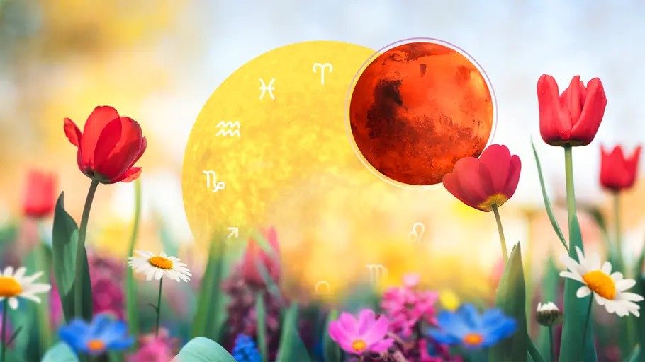 Das Frühlingshoroskop 2025 Planeten Sonne und Mars umgeben von Frühlingsblumen