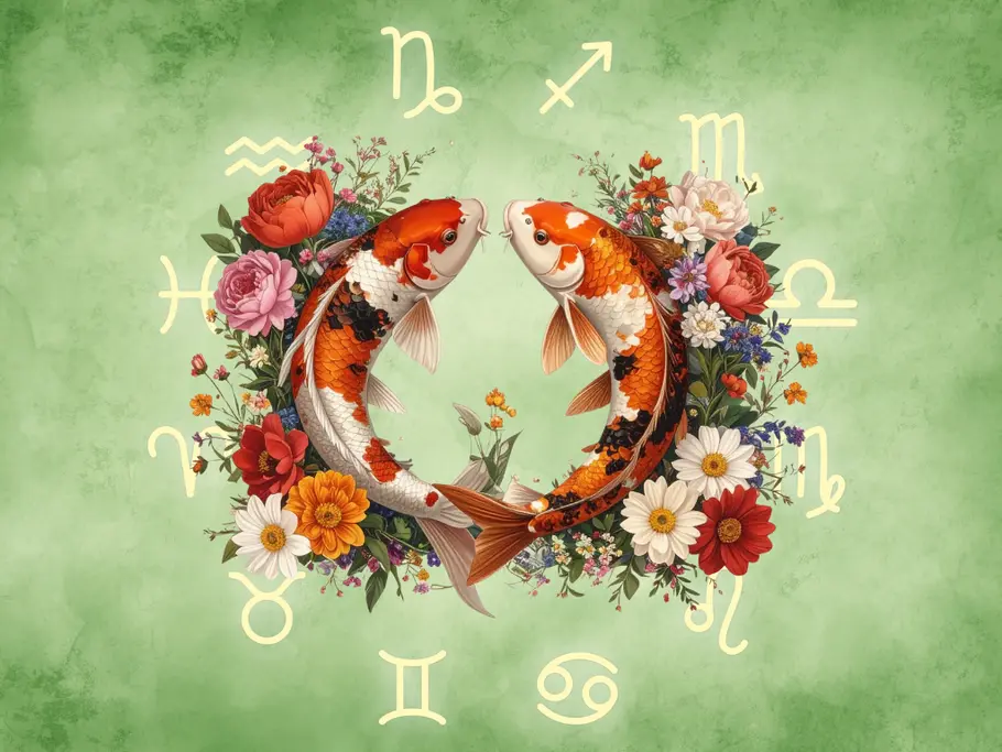 Fische (Sternzeichen) von Frühlingsblumen umringt vor einem grünen Hintergrund