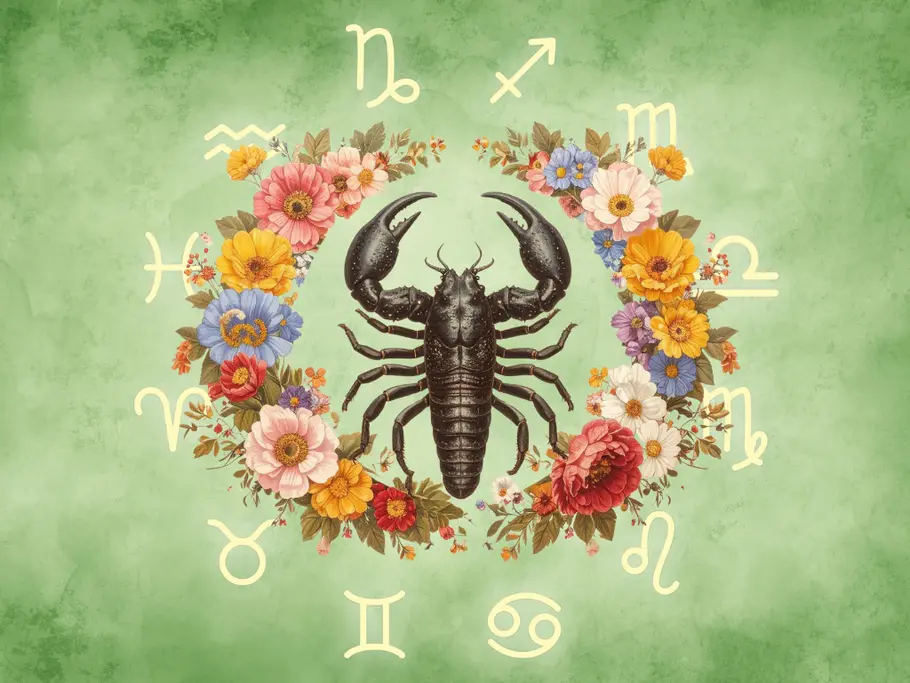Ein Skorpion (Sternzeichen) von Frühlingsblumen umringt vor einem grünen Hintergrund