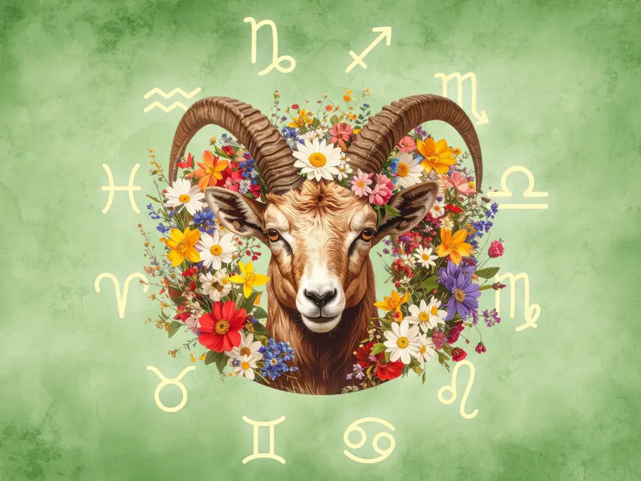 Ein Steinbock (Sternzeichen) von Frühlingsblumen umringt vor einem grünen Hintergrund