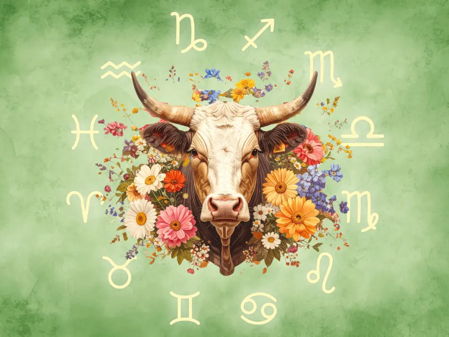 Ein Stier (Sternzeichen) von Frühlingsblumen umringt vor einem grünen Hintergrund