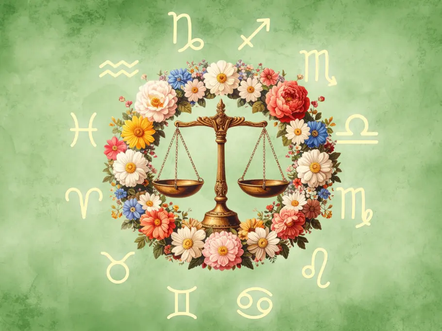 Eine Waage (Sternzeichen) von Frühlingsblumen umringt vor einem grünen Hintergrund