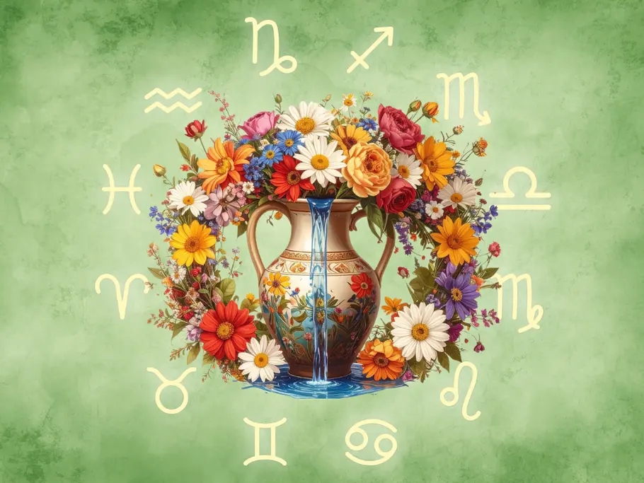 Ein Wasserkrug (Sternzeichen Wassermann) von Frühlingsblumen umringt vor einem grünen Hintergrund