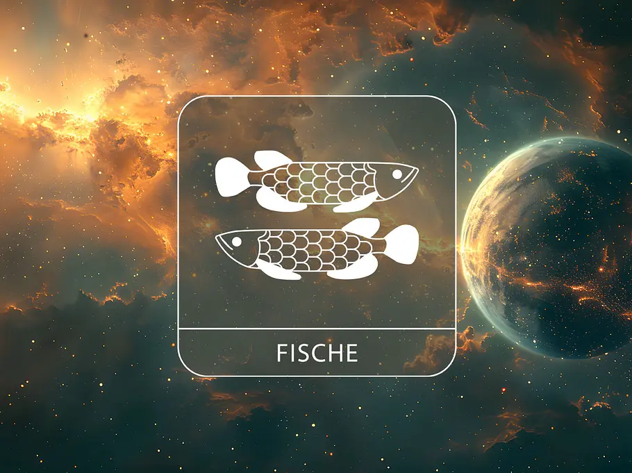 Sternzeichen Fische in einer goldenen Galaxie neben einem dunklen Planeten, der an Merkur erinnert.