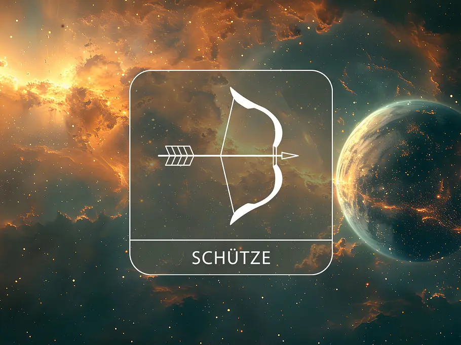Sternzeichen Schütze in einer goldenen Galaxie neben einem dunklen Planeten, der an Merkur erinnert.