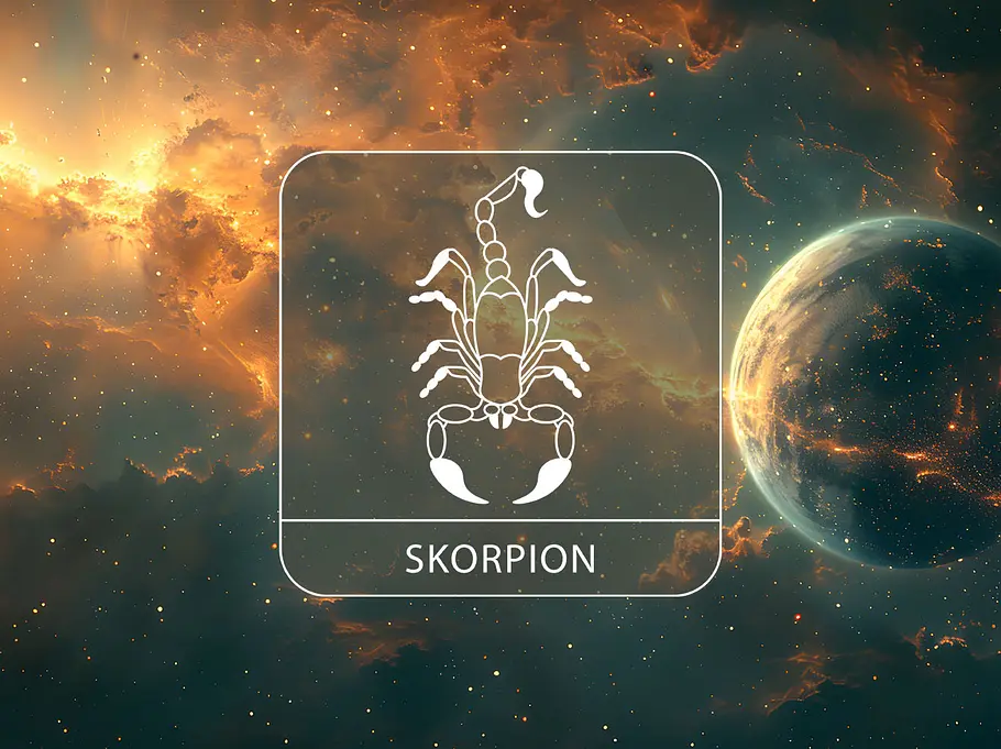 Sternzeichen Skorpion in einer goldenen Galaxie neben einem dunklen Planeten, der an Merkur erinnert.
