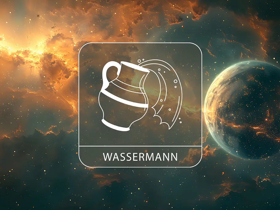 Sternzeichen Wassermann in einer goldenen Galaxie neben einem dunklen Planeten, der an Merkur erinnert.
