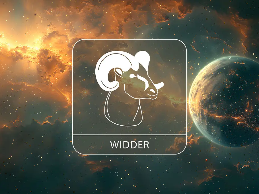 Sternzeichen Widder in einer goldenen Galaxie neben einem dunklen Planeten, der an Merkur erinnert.