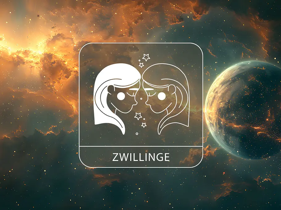 Sternzeichen Zwillinge in einer goldenen Galaxie neben einem dunklen Planeten, der an Merkur erinnert.