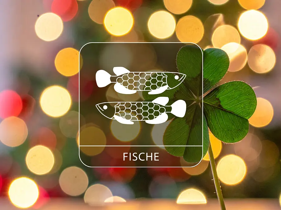 Sternzeichen Fische mit einem Glücksklee vor einem weihnachtlichen Hintergrund