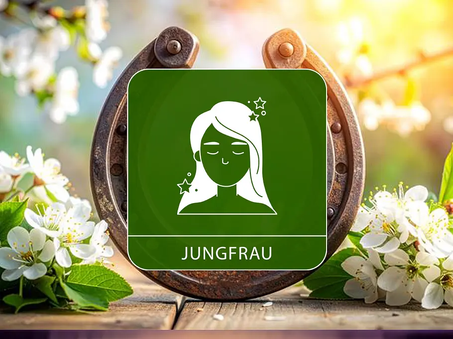Das Sternzeichen Jungfrau vor einem Hufeisen umgeben von Blumen